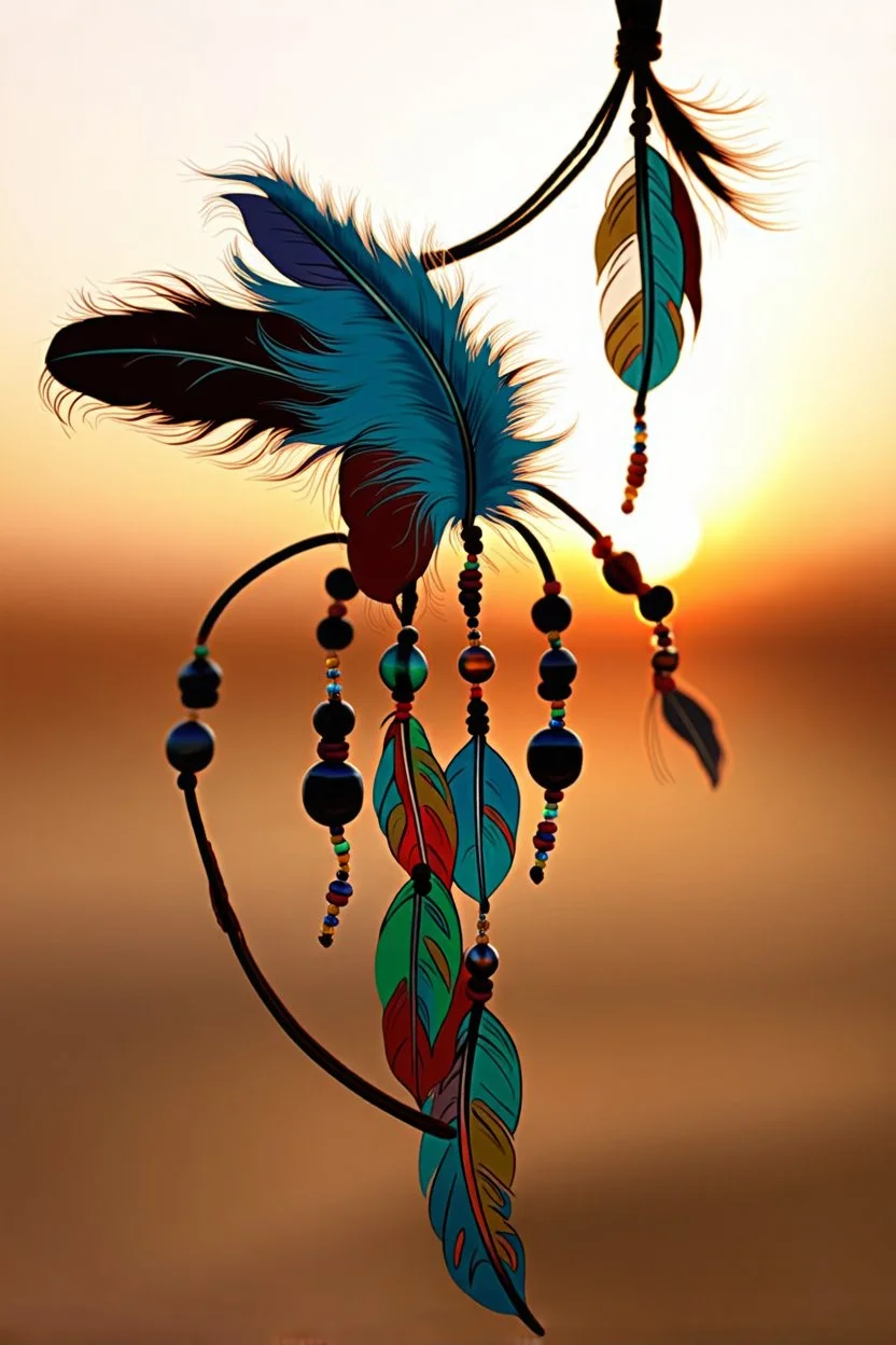 feathers and beads on leather string moving in the wind, sunset colours, sharper details, hand painted