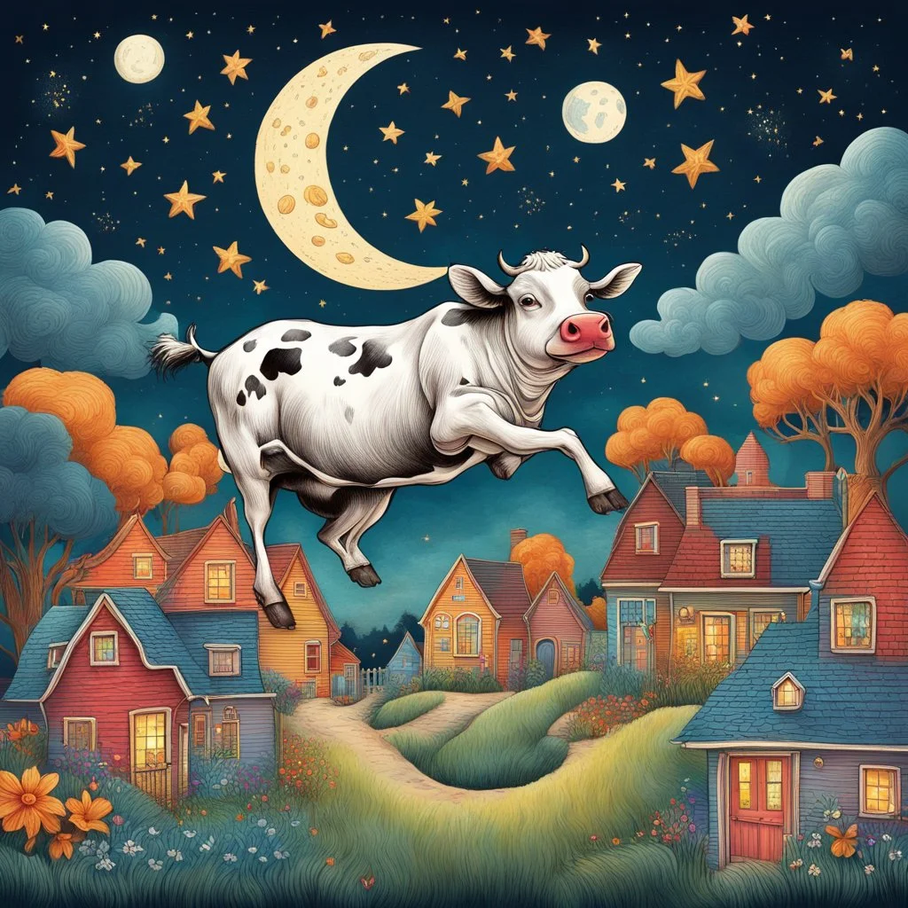 whimsical and charming storybook illustration of the classic Cow leaping over the Moon fable. The background features a beautifully illustrated suburban landscape, with colorful houses. Nighttime. The textures of the storybook pages can be seen on the edges of the illustration. The overall atmosphere is nostalgic, inviting readers to revisit this timeless absurd tale.