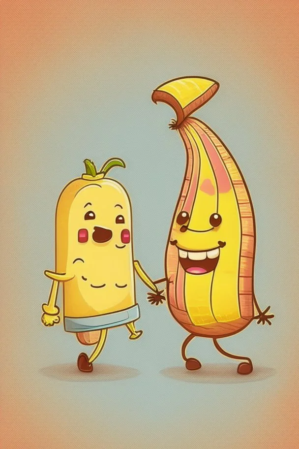 Banana and bacon cute cartoon characters being friends and holding hands