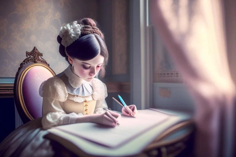 cute chibi contented victorian princess writing a letter in a victorian room in sunshine, ethereal, cinematic postprocessing, dof, bokeh