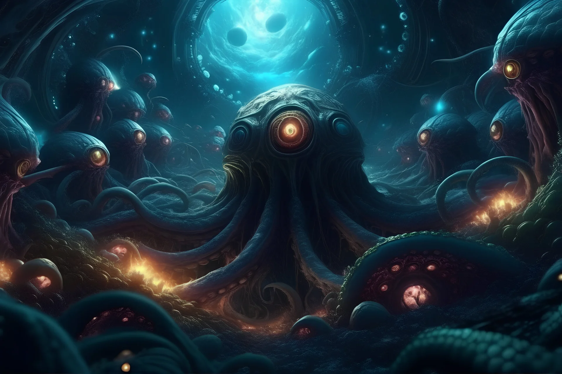 View into an event horizon in space with many enormous strange tentacled whale-like creatures with many huge faceted eyes and mouths, flying around, detailed matte painting, deep colour, fantastical, intricate detail, complementary colours, fantasy concept art, Unreal Engine 5