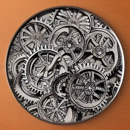 coaster featuring cogs and gears, fine pen illustration, highly intricate on parchment paper