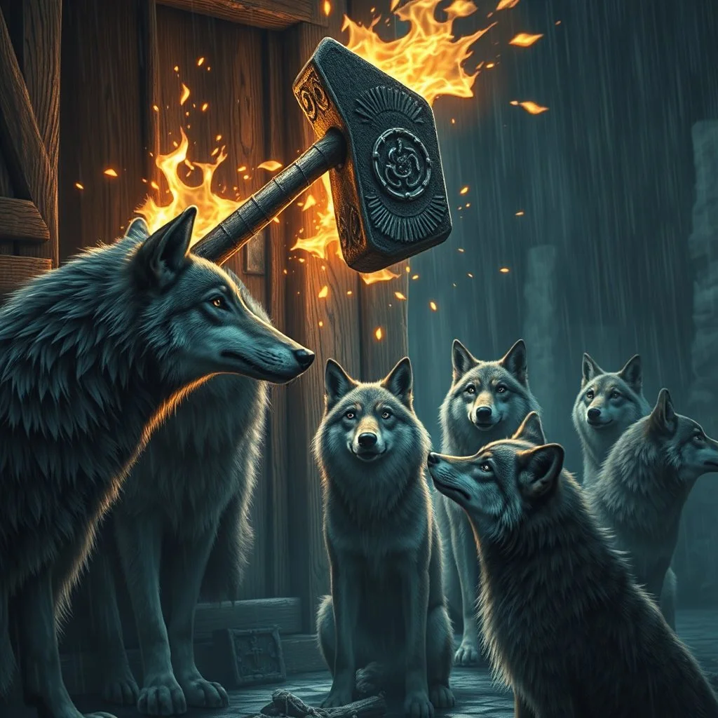 one magic large flying hammer breaks the wooden building's wall. A group of anthropomorphic wolves react in surprise and in the background other anthropomorphic wolves watch the scene unfold with expressions of shock and with surprise faces. one young anthropomorphic wolf watch the hammer, high realistic, detailed,dark fantasy mood, rain, cinematic