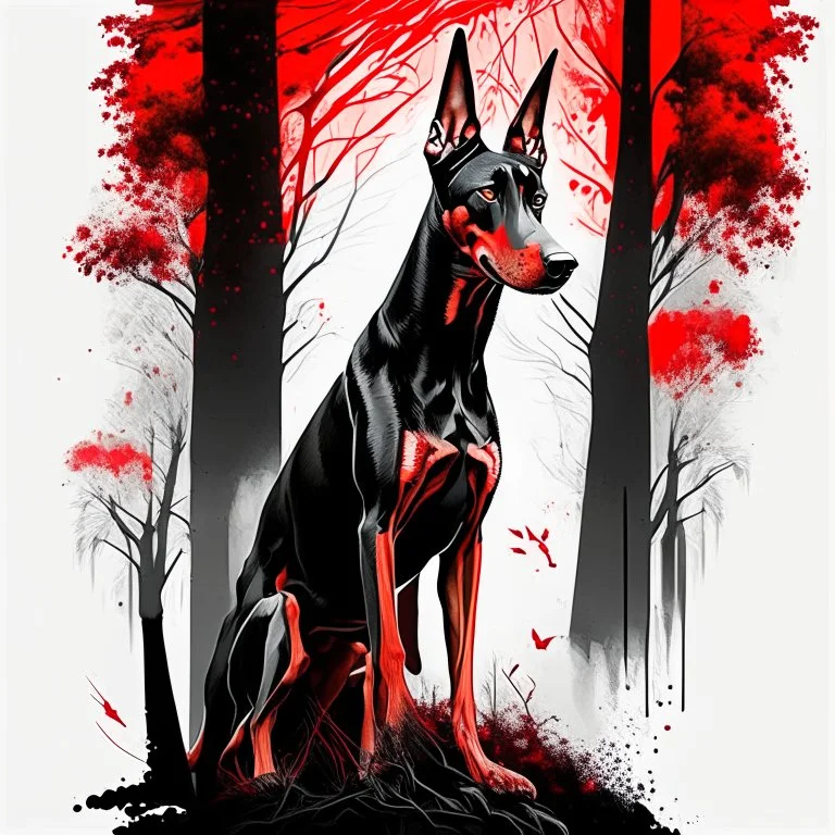 Doberman dog sitting, front view, full body, ink lineart red white black pointed ears trees front view