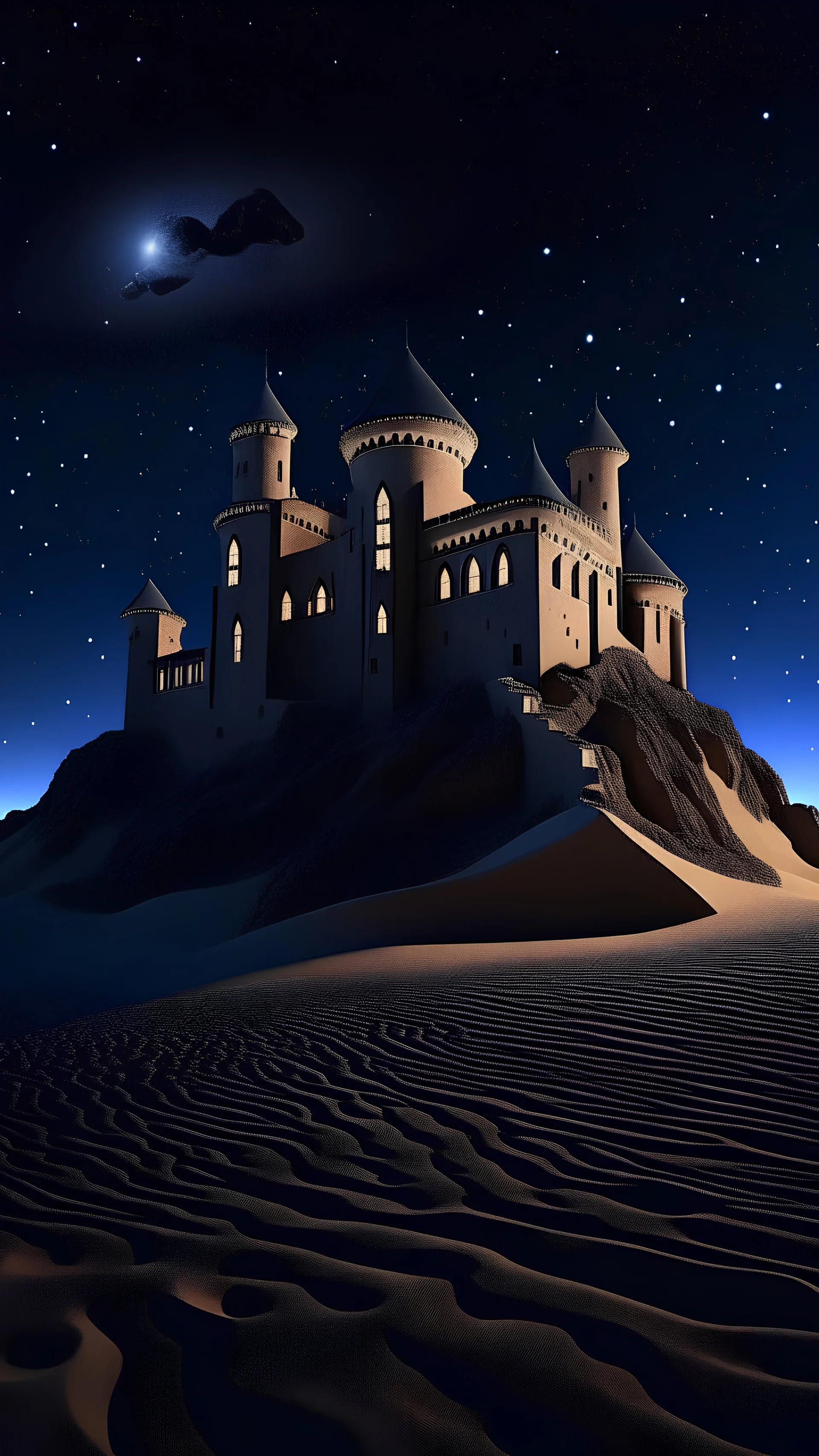 castle in the desert with sand waterfalls falling from it at night