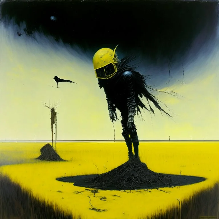 "Indefinite Divisibility" by Dave McKean, dramatic unreal landscape, matte oil painting, large scarecrow with an astronaut helmet on propped up on a wooden stake in a yellow field, smoking lunar lander wreck in the distance, biomechanical black lovecraftian crow-like hydrids, daytime, dynamic composition, oddball masterpiece, sfumato, complex contrast