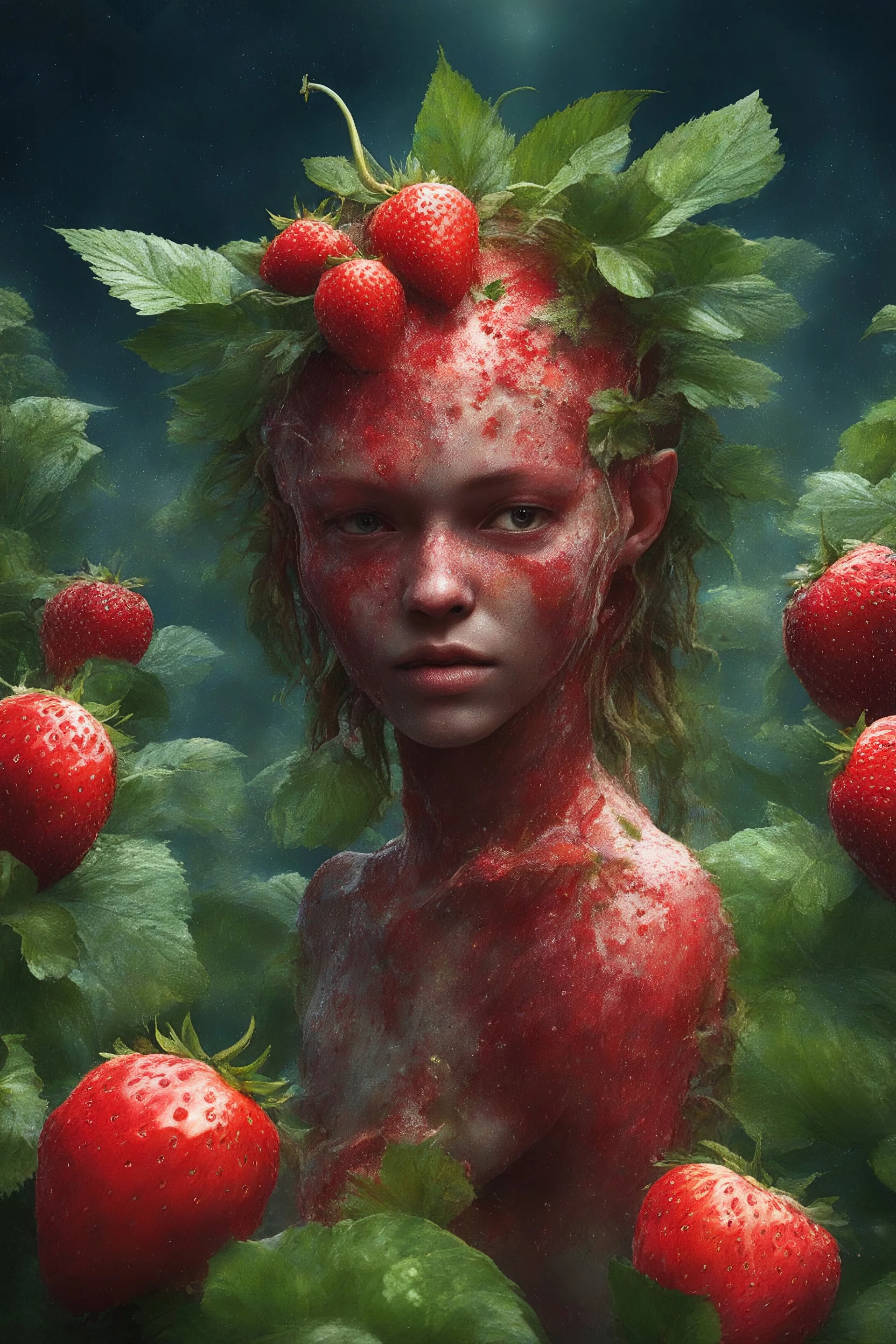 imagine a world where everything is made out of strawberries, a 4k UHD strawberry skinned man, a 1080p strawberry skinned woman, at the edge of the universe, three million years in the future, an extremely mutated humanoid strawberry, Strawberryman, with wirey, messy, spiked up, long leafy green strawberry leaf hair, strawberry skin, bound to the edge of time, wandering aimlessly in a post-apocalyptic universe of strawberry skies and strawberry water, with endless swirling strawberry clouds