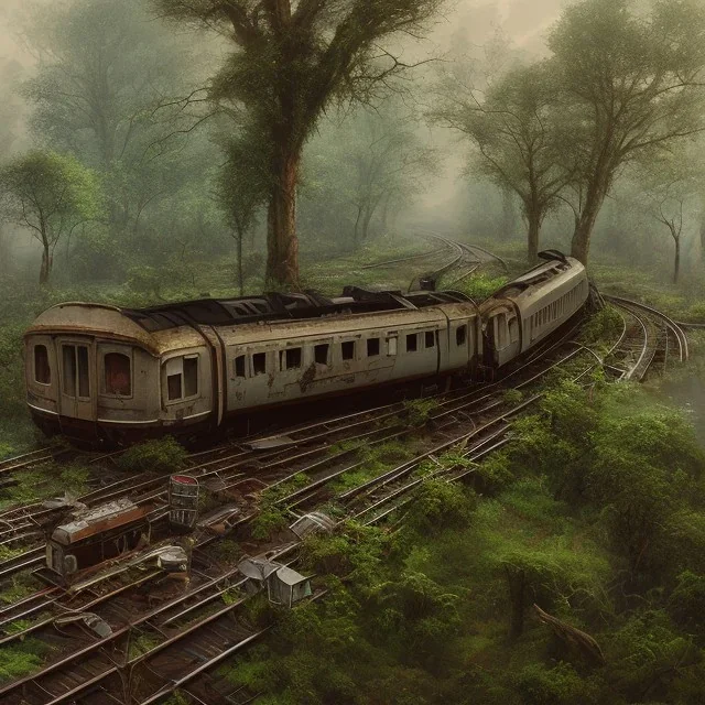 an abandoned train on tracks overgrown by nature with large puddles of water flooding part of tracks, 8k resolution, high-quality, fine-detail, intricate, digital art, detailed matte, volumetric lighting, illustration, 3D octane render, brian froud, howard lyon, selina french, anna dittmann, annie stokes, lisa parker, greg rutowski