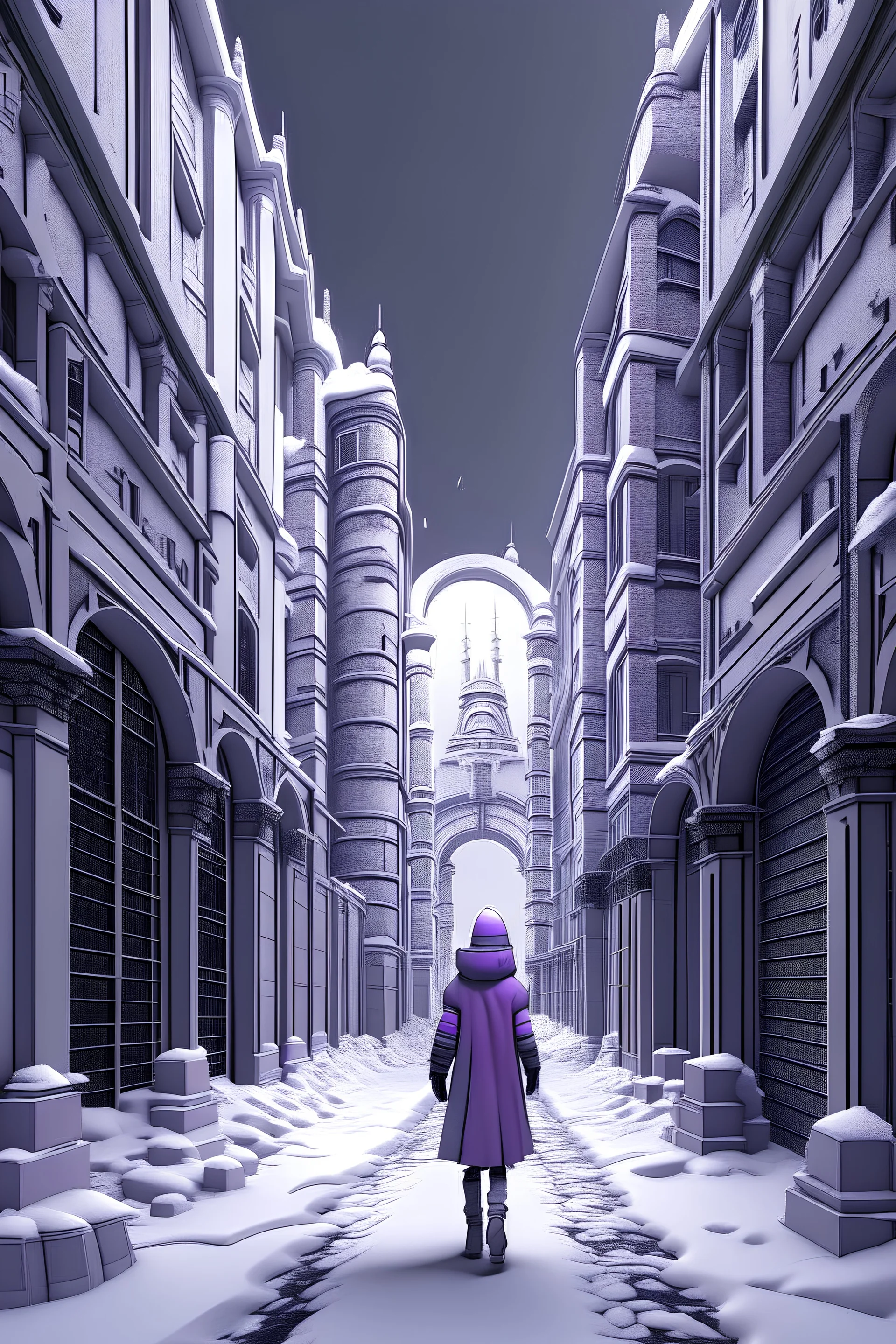 snowy megacity in purple, white, grey, and black perspective of a person from within an alley with arches and towers skyline filled with structures not photorealistic but stylized