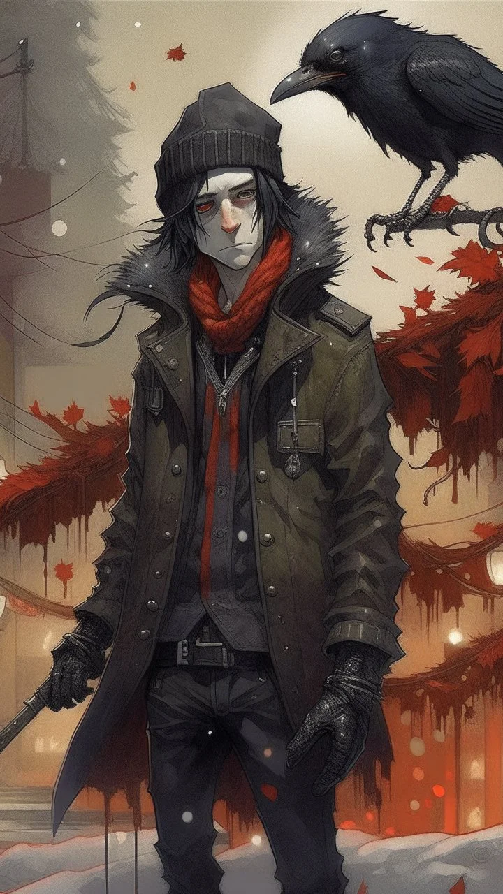 An illustration by Monet and Miyazaki of a human-like raven with a punk leather jacket within a Christmas atmosphere.