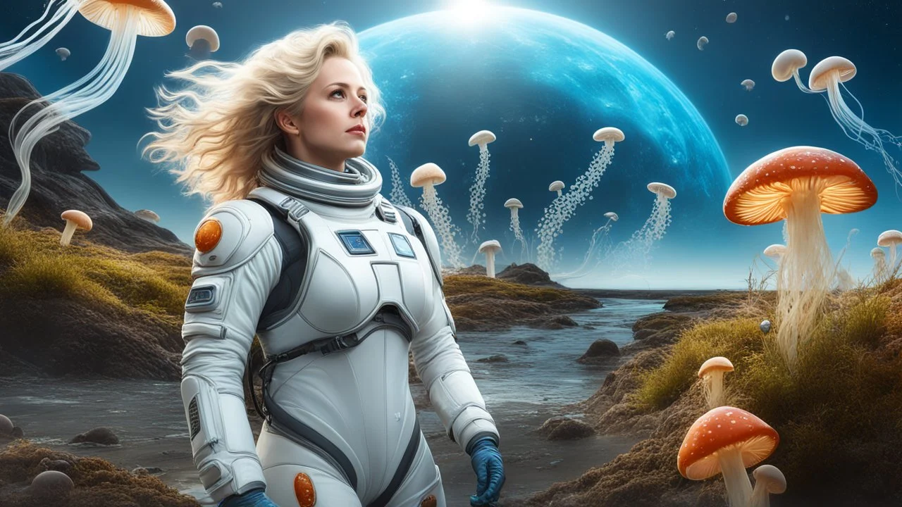 middle-aged, blond-haired woman in a spacesuit, on the shores of an alien world, with mushrooms, with jellyfish tentacles floating in the air, photorealistic, Detailed Matte Painting, Deep Colour, Fantastical, Intricate Detail, sunshine, blue sky