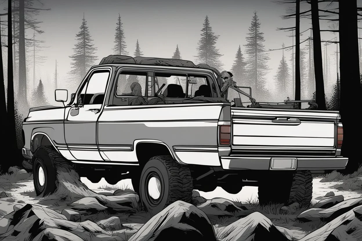 pickup truck, rear, forest, standing, silhouette, comic book,post-apocalypse, gray background, night time,