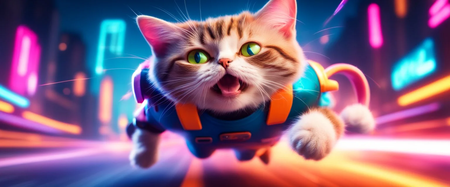 rocket ship cat captain in high speed pursuit among neon rats, with background motion blur