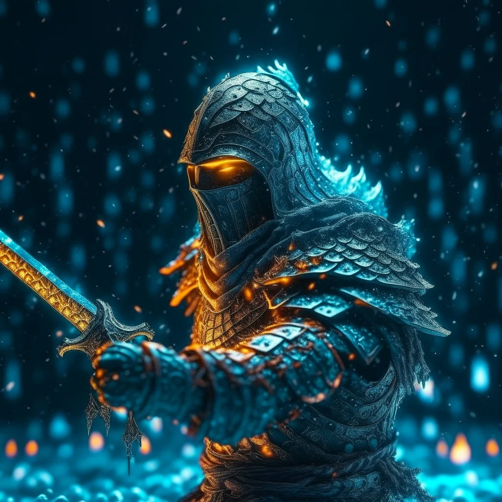 hooded marble knight with sword covered with glowing crystals, fire particles in air, bright colors, glowing sparkle particles, dark tone, sharp focus, high contrast, 8k, incredible depth, depth of field, dramatic lighting, beautifully intricate details, clean environment, epic dynamic scene