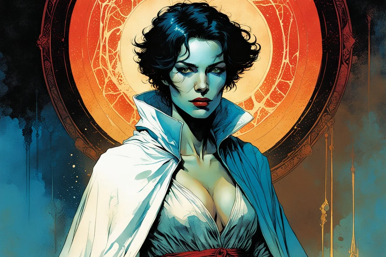 create an imaginative full body portrait illustration of an ethereal, otherworldly , medieval female vampire sorceress with extremely short hair in ragged ornate robes , in the comic book art style of Bill Sienkiewicz, Mike Mignola, and Jean Giraud Moebius, with highly detailed feminine facial features , finely drawn, colored and inked,