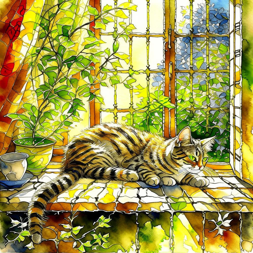 photorealistic, high-resolution image of a grey tabby cat sleeping on a sunny wooden windowsill next to various potted plants. The cat, with light brown and black stripes, lies on its back, paws up, basking in a ray of golden sunlight that illuminates its fur. The window in the background features an amber curtain on the left, and a wooden frame separates the panes. Outside the window, soft golden light suggests either sunrise or sunset, with blurred foliage visible. On the windowsill, several t