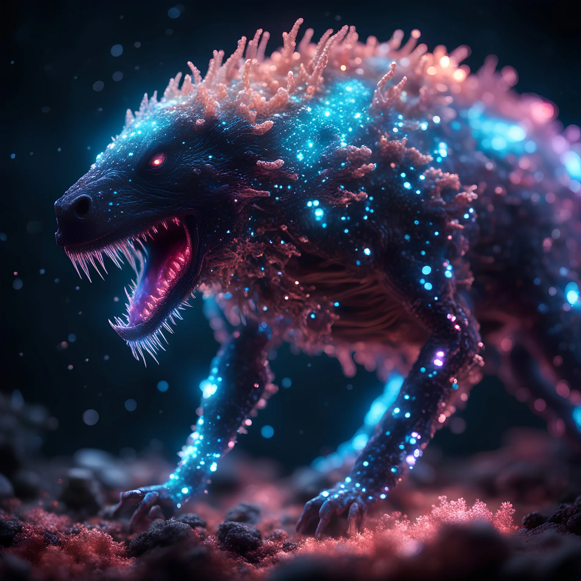 bioluminescent carnivore creature, covered with glowing crystals, glowing particles in air, bright colors, glowing sparkle particles, dark tone, sharp focus, high contrast, 8k, incredible depth, depth of field, dramatic lighting, beautifully intricate details, clean environment, epic dynamic scene, photorealistic cgi