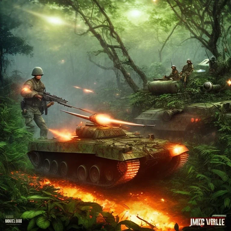 vietnam war. jungle. cd cover. bokeh. lens flare. warm lights. high detailed