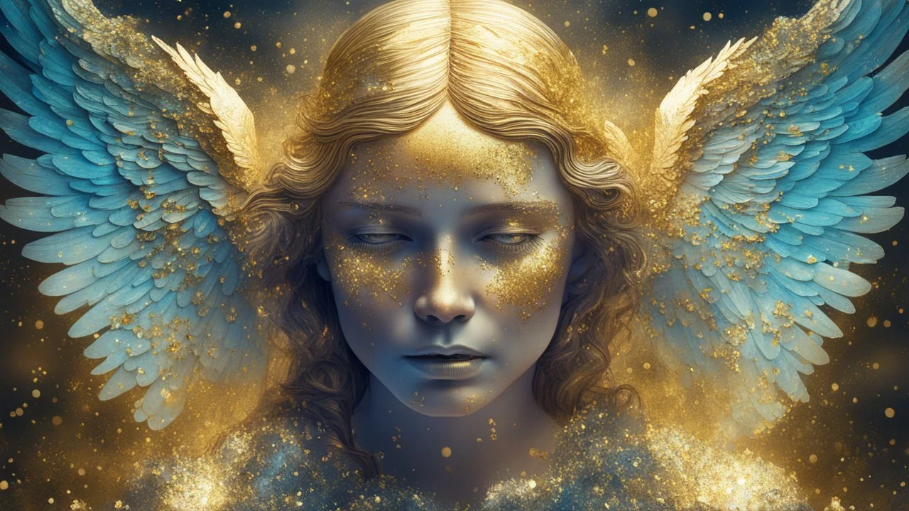 crying angel, double exposure in fantasy style, gold, glitter, fine rendering, bright colors, photorealism, 3D