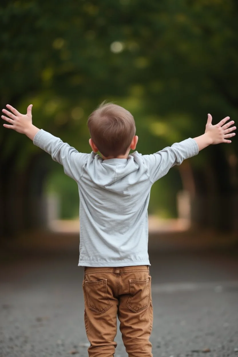 12 year old boy from behind with arms outstretched