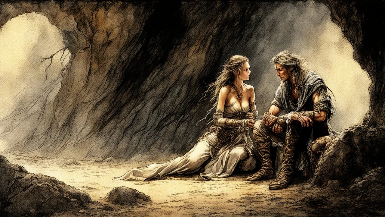 Hyper-photorealistic watercolor art style by Luis Royo, A dark cave lit only by oil lamps, a stone altar, animal skins, a young man and a girl, hyperdetailed face, full body diagonal shot, encounters male bandits in dark fantasy countryside setting, absence of mysterious elements, dramatic lighting, ultrafine detail, octane rendering., darkness world