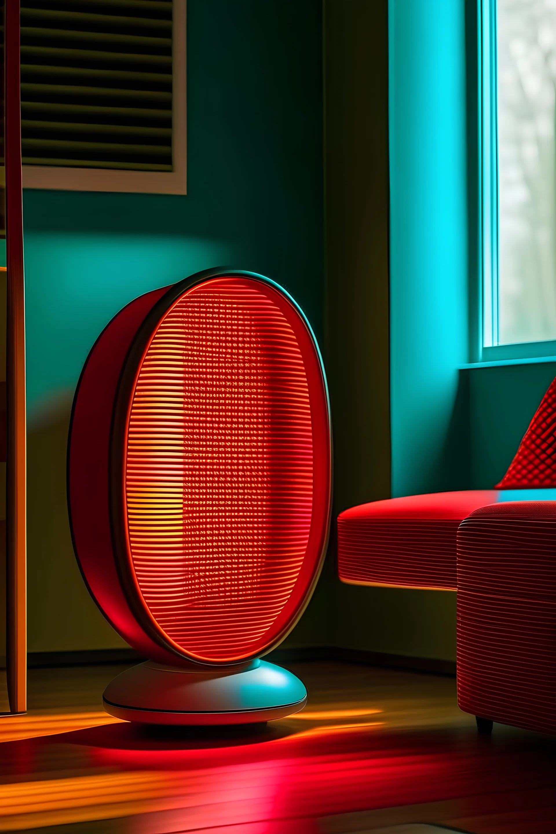 an air purifier in the corner of a room with a small round red light in the middle of it.