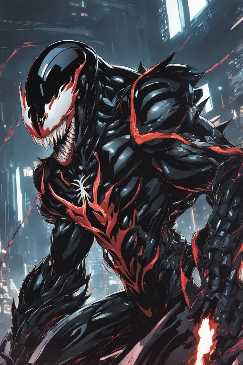 Venom mix with machine in solo leveling shadow artstyle, cyberpunk them, intricate details, highly detailed, high details, detailed portrait, masterpiece,ultra detailed,best quality