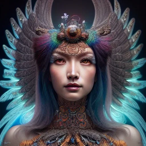 Insanely detailed photograph of an elaborate beautiful eagle goddess intricate glowing skin eyes intricate face hair lashes fur dress hyperdetailed painting by Anna Dittmann Huang Guangjian and Dan Witz CGSociety ZBrush Central fantasy art album cover art 4K 64 megapixels 8K resolution HDR Greek shiny space colours jewelry celestial hair eyes light"