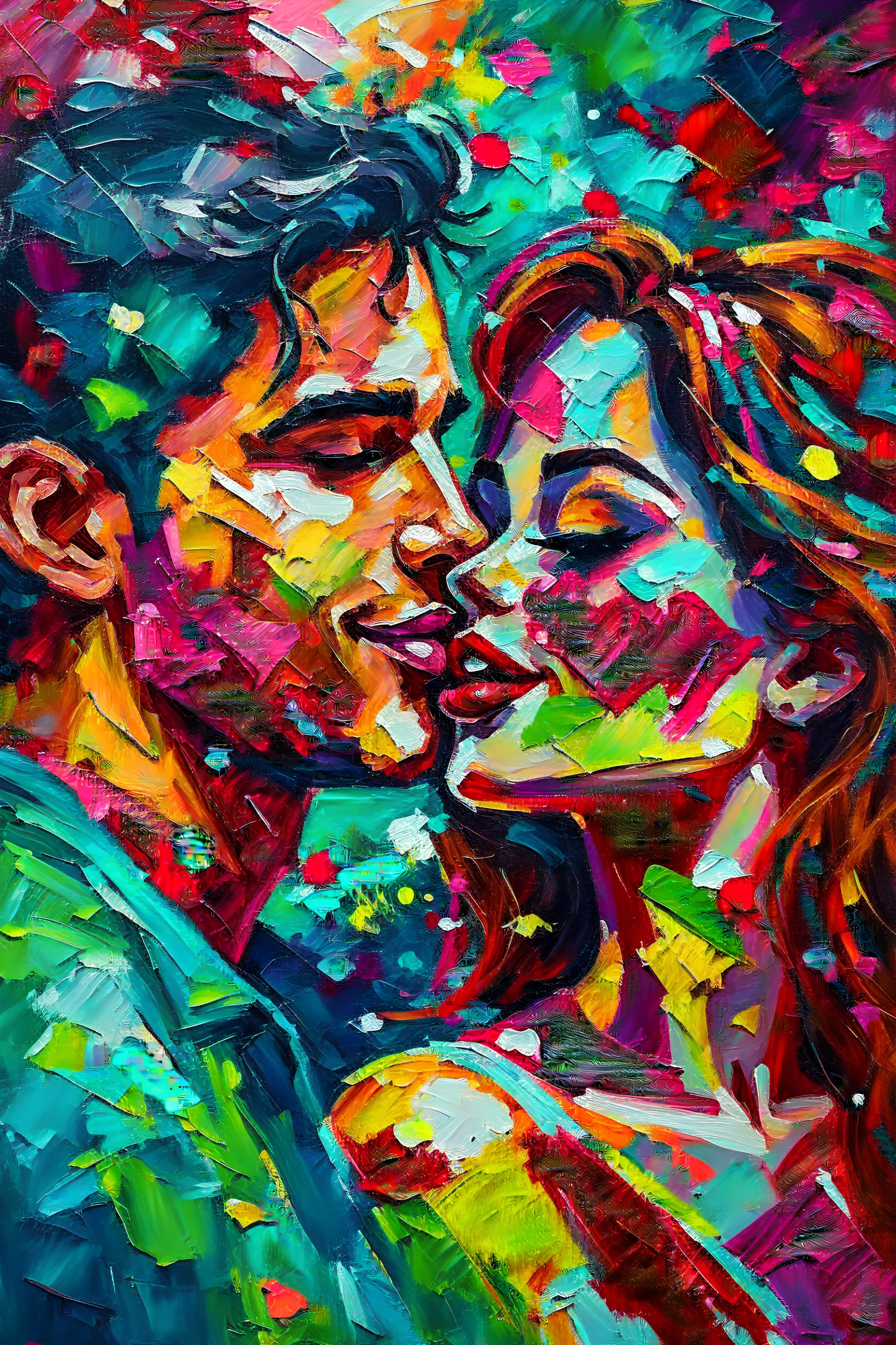 a gypsy theme, a beautiful in love girl and boy as focus point, close-up kissing scene, scrappy paint strokes in impasto , life is good, laughter and happiness