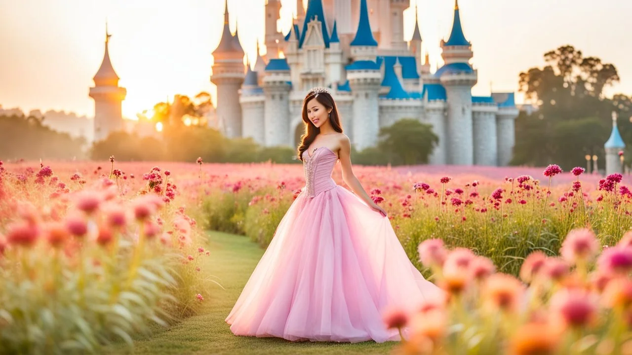 A gorgeous Asian model in a fairy outfit in a field of flowers at sunset a Disney crystal castle at background