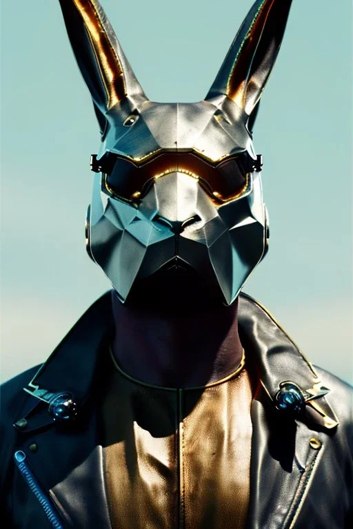 Medium Close Up Portrait, Front image. cyberpunk, rabbit mask, British man, white short hair. leather, gold suit. White, black, red, color. Retro futuristic style. Color background, photo studio. Avatar image, highly detailed, concept art, smooth, unreal engine 5, god rays, ray tracing, RTX, lumen lighting, ultra detail, volumetric lighting, 3d, finely drawn, high definition, high resolution.