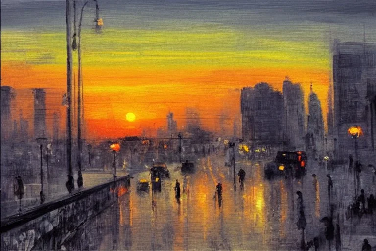 City, distant city, sunset, people, street, Street reflections, cars, lesser ury impressionism painting