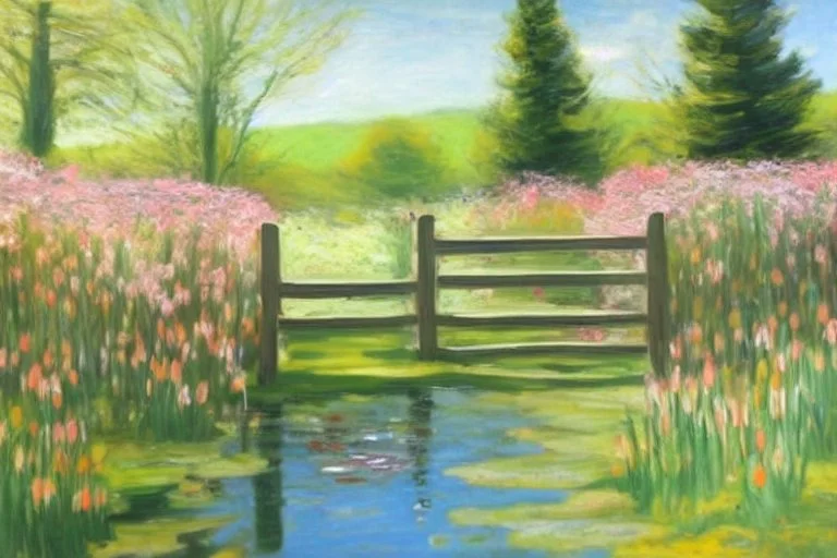 amazing sunny spring day, trees, flowers, fence, little pond, philip wilson steer impressionism painting