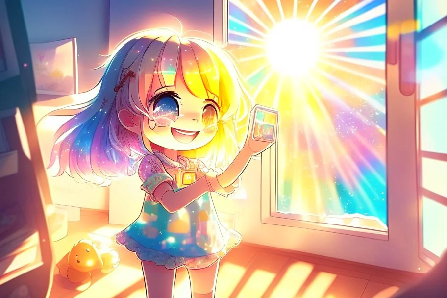 cute chibi holographic girl takes a picture in her hand and looks at it happily in a room in sunshine