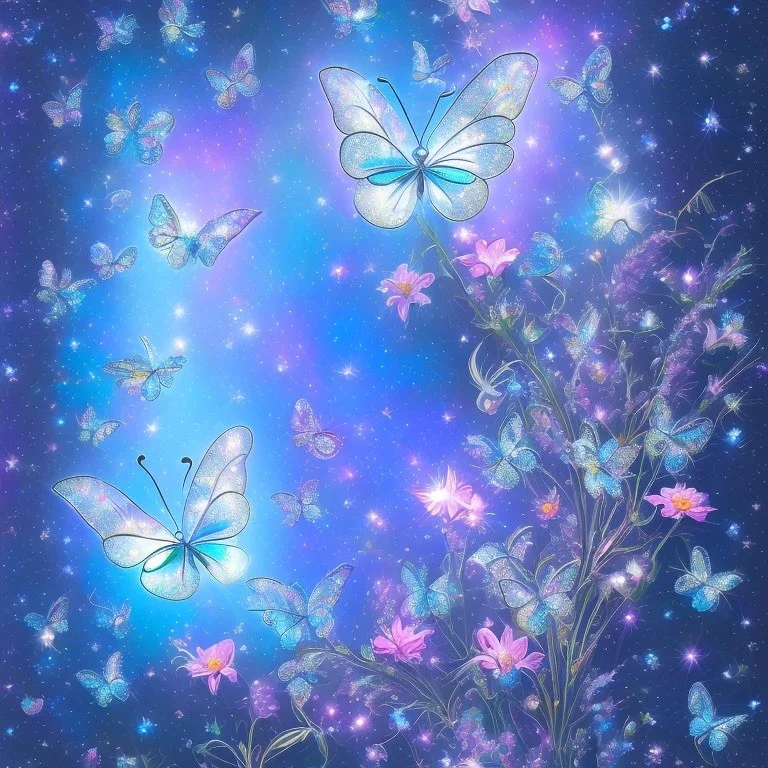 garden with subtle cristal transparent bright glitter blue butterfly, light, galactic, subtle flowers