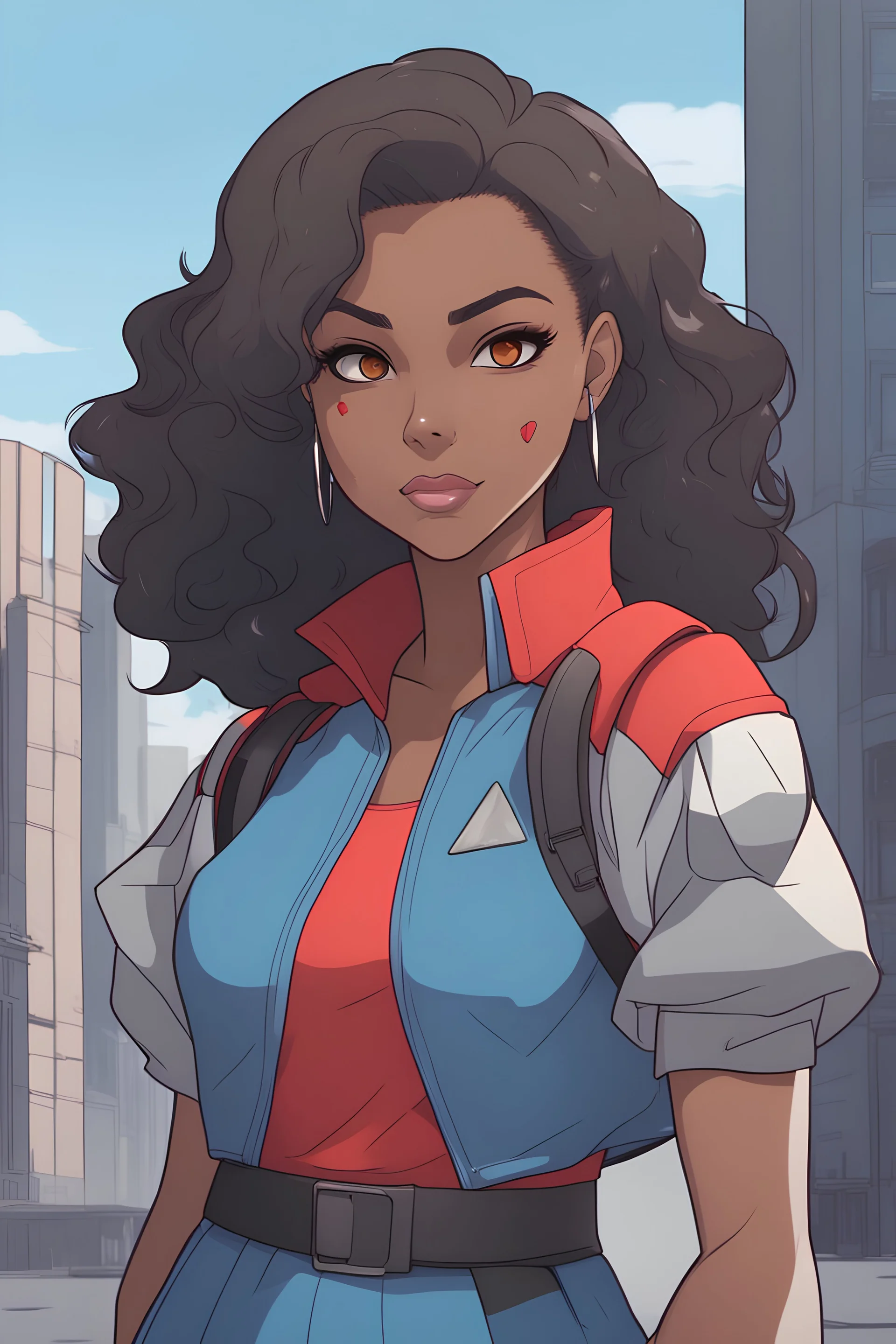 Young black woman with natural brown hair, one red eye and one gray eye, smug futuristic blue clothes with a skirt, urban background, RWBY animation style