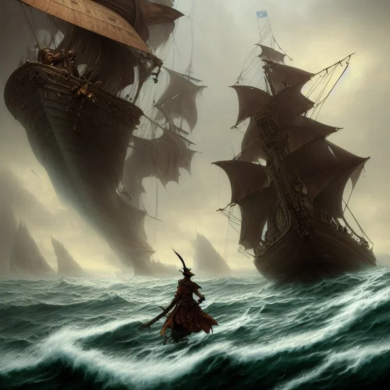 a pirate warrior on his ship, a highly detailed illustration, background of giant crashing ocean waves, realistic render, 8 k, micro detail, intricate, elegant, centered, digital painting, Artstation, smooth, sharp focus, illustration, artgerm, tomasz alen kopera, peter mohrbacher, donato giancola, joseph christian leyendecker, wlop, boris vallejo