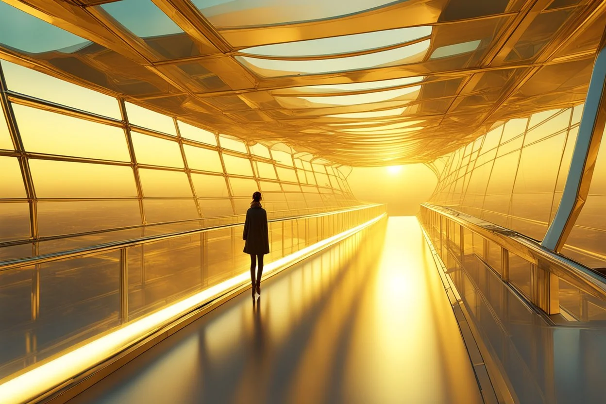 a futuristic glass bridge illuminated mesmerising;by architect "Science-Fiction",by artist "meltingness";by artist "3D textured embossed relief shadows"by artist "William Klein";steamnouveau;glitchcore"golden hour;godrays;backlit