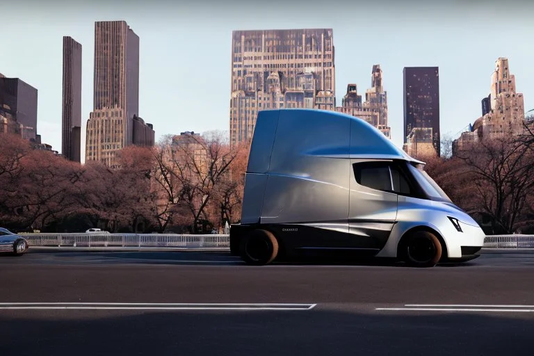 A Tesla 'Semi' (semi truck) is parked, in 'Central Park' in New York City. (CINEMATIC, WIDE ANGLE LENS, PHOTO REAL)