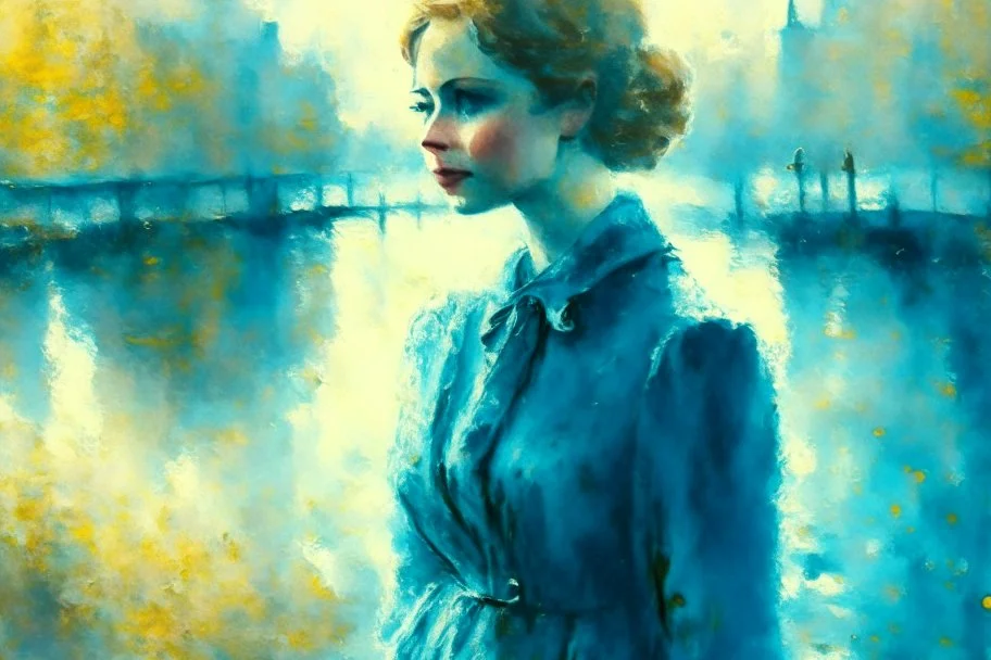 closeup of a Budapest sunshine beautiful oil painting kitten businesswoman van gogh style in blue dress on a misty morning. over a misty pond in the hieght of fall. Watercolour by Alison Brady. Pastel colours S<AI in sunshine, ethereal, otherwordly, cinematic postprocessing