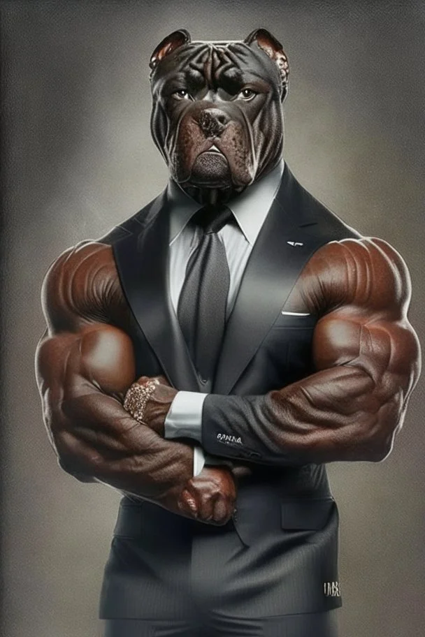 Bodybuilder Lee Haney with the face of a Rottweiler dog A dog's head instead of a person's head Only the player's body with a bulldog head on it He wears a luxurious black suit and holds a luxurious cigar