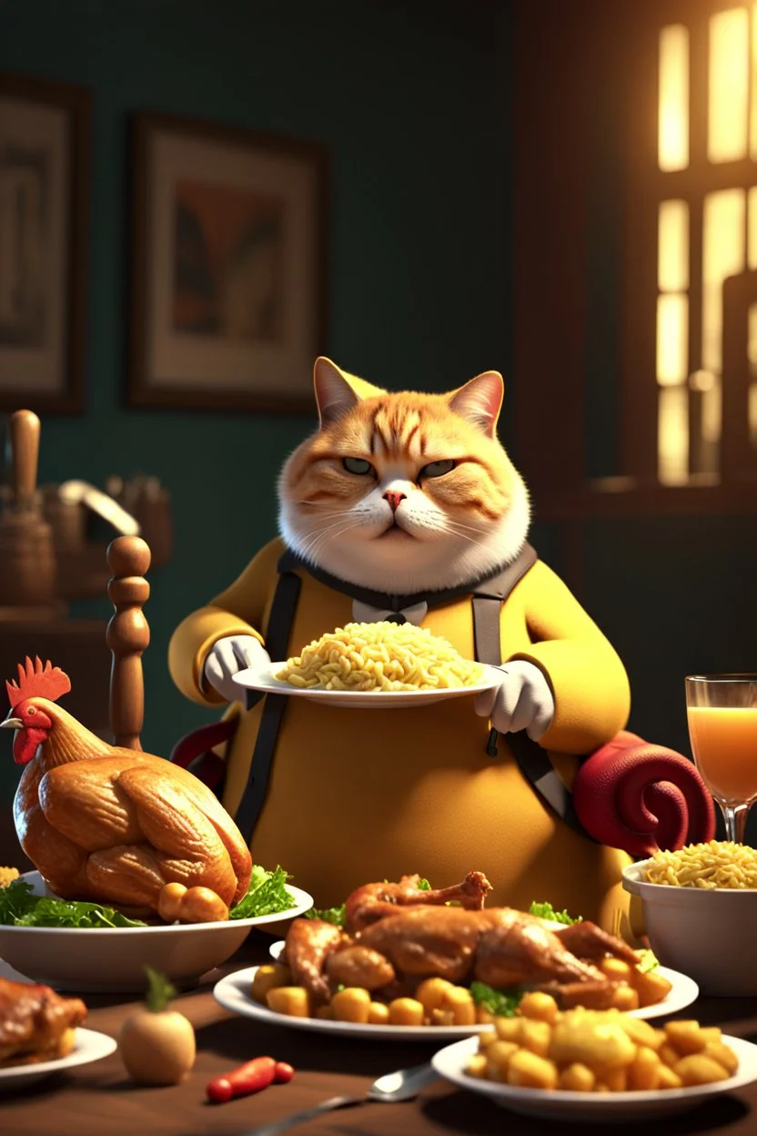 A fat cat having a full chicken of delicious food in front of him,3d animation ,funny