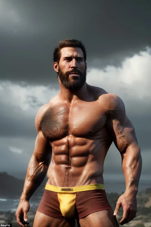 Ignore NSFW, teenager young rugged attractive slightly muscular fantastic handsome man, red briefs with yellow belt, hairy chest, (((visibly pisssing))) briefs, large erect visible boner peniss, photorealistic, artist Jay Anacleto, soft lighting, scruffy beard