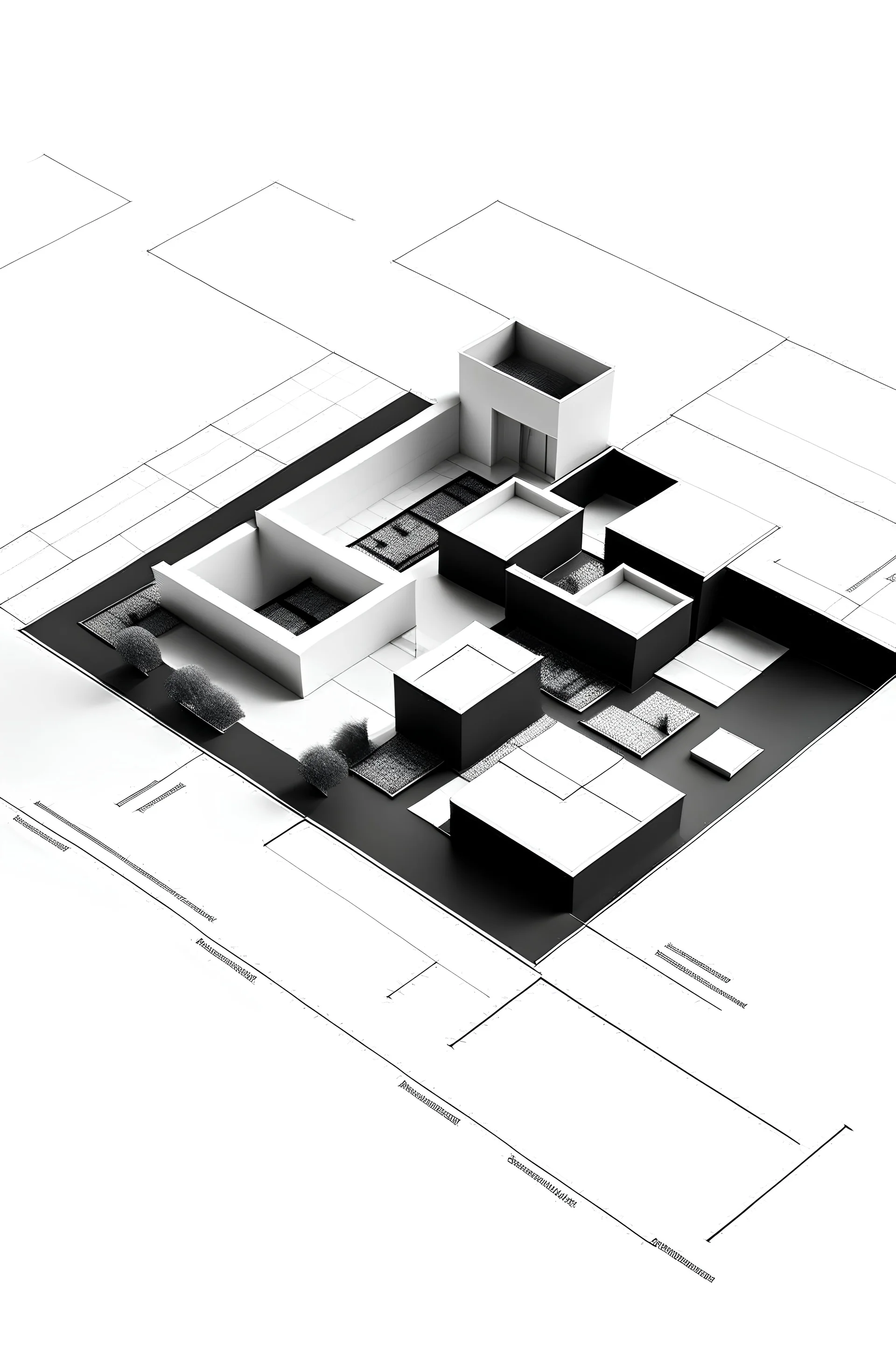 Concept diagram with large ameba plaza and three heighted rectangles, flat surface, black and white, 2d