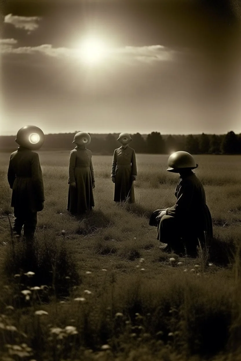 a 1900's photograph of aliens in a field watching a total eclipse of the sun