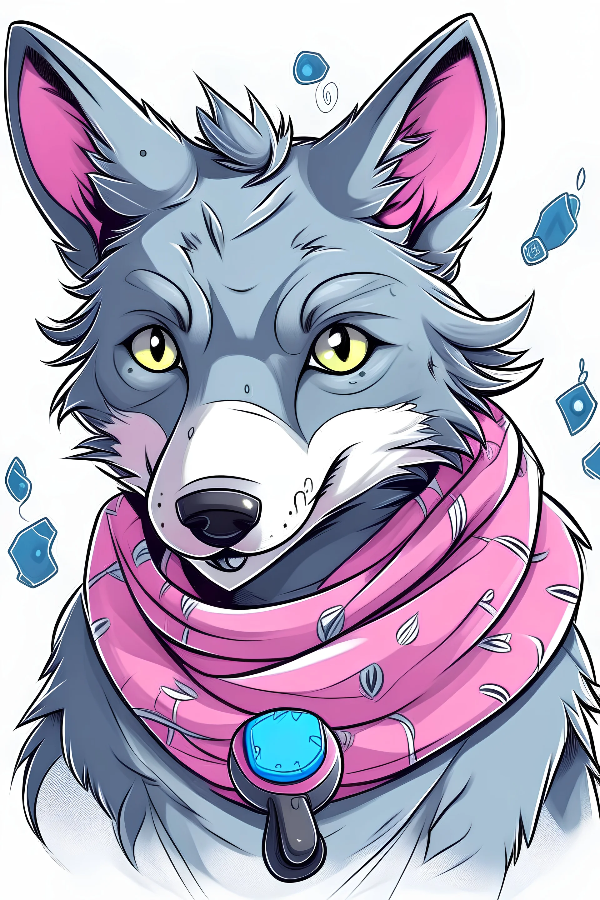 dark gray wolf white throat with lil bit pink in the ears blue scarf with a cable in its mouth conected to an xbox controller and make it hand drawn like a cartoon