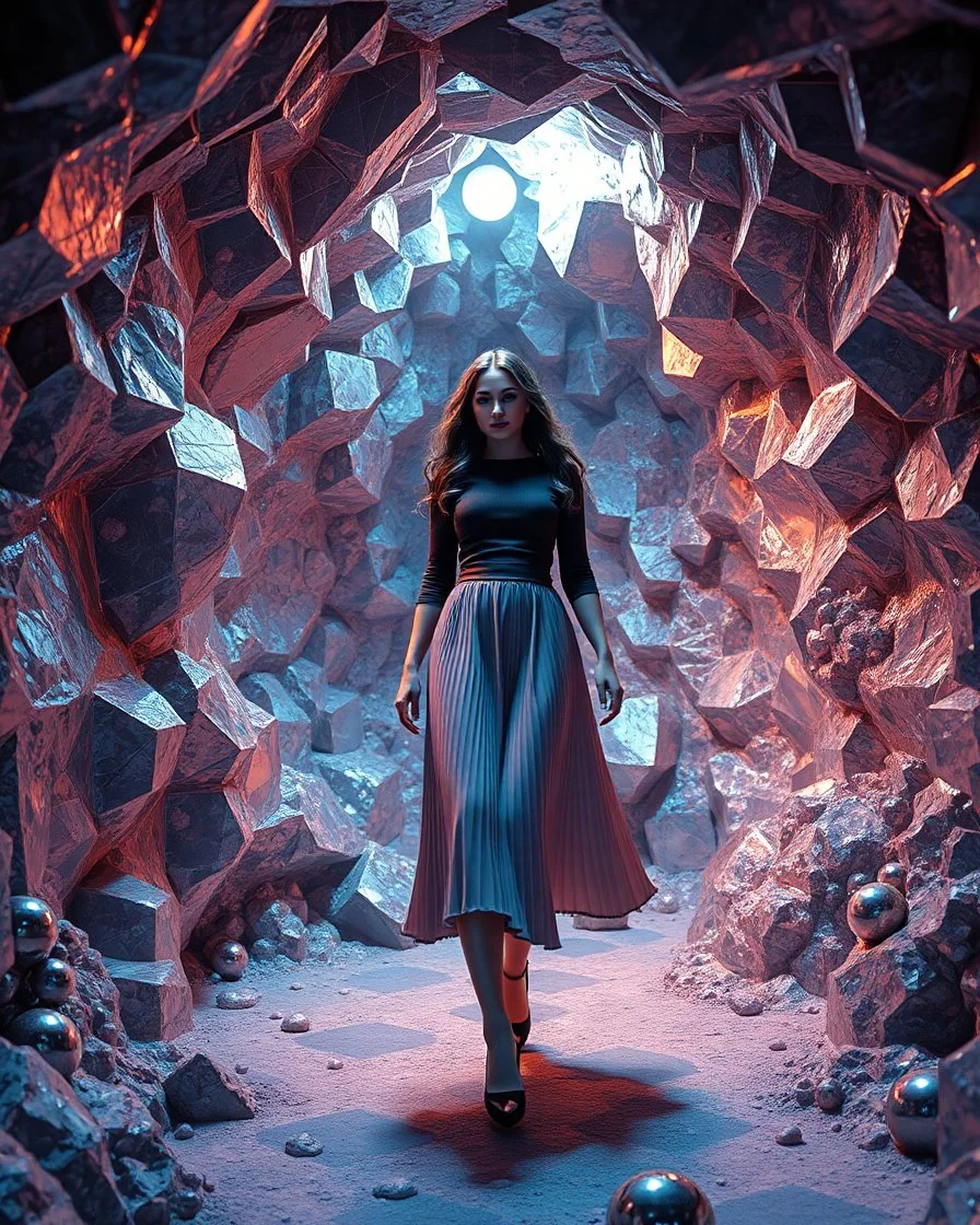 make a picture pretty cave made of crystal and metallic 3d fractal recursive cubic and sphere base structures and a beautiful fashion model lady with cute,with dark cyan decholte top and pretty pleated midi skirt,siver,curvy long hair,makeup, she walks in cave ,dynamic camera fallow her inside cave capturing full body, dynamic lights.