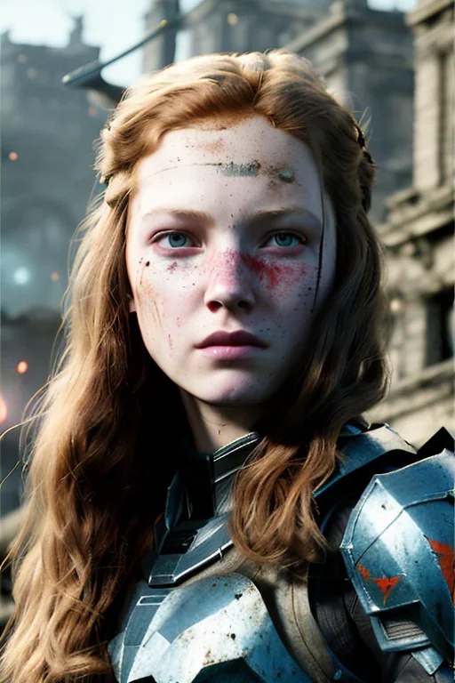 ultrarealistic, concept art,ruined city,__intricate fantasy armor__, no star, __angles__, 13 year old woman, strikingly beautiful,ginger hair, _colour_, (pale __skincolor__ skin:1.2), __camera__, long hair, detailed face and eyes, medium breasts, sci-fi theme, freckles, dynamic pose, resolved expression, __accessory__, strappy outfit, (straps:1.1), sword in scabbard on left hip, (buckles, buttons, snaps, rings:1.0), haltertop style breastplate, detailed eyes, plump lips