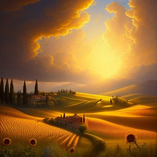 Beautiful clouds,Golden hour,Tuscany hills, campi di girasoli, cipressi, Italian town,landscape magical, detailed, 8k resolution concept art by Greg Rutkowski,dynamic lighting, hyperdetailed, intricately, volumetric lighting, Alphonse Mucha