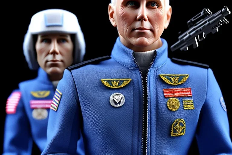 Plastic Mike Pence as G.I. Joe toy Doll figure With a pistol space force Commander Blue fabric uniform, black Moonboot